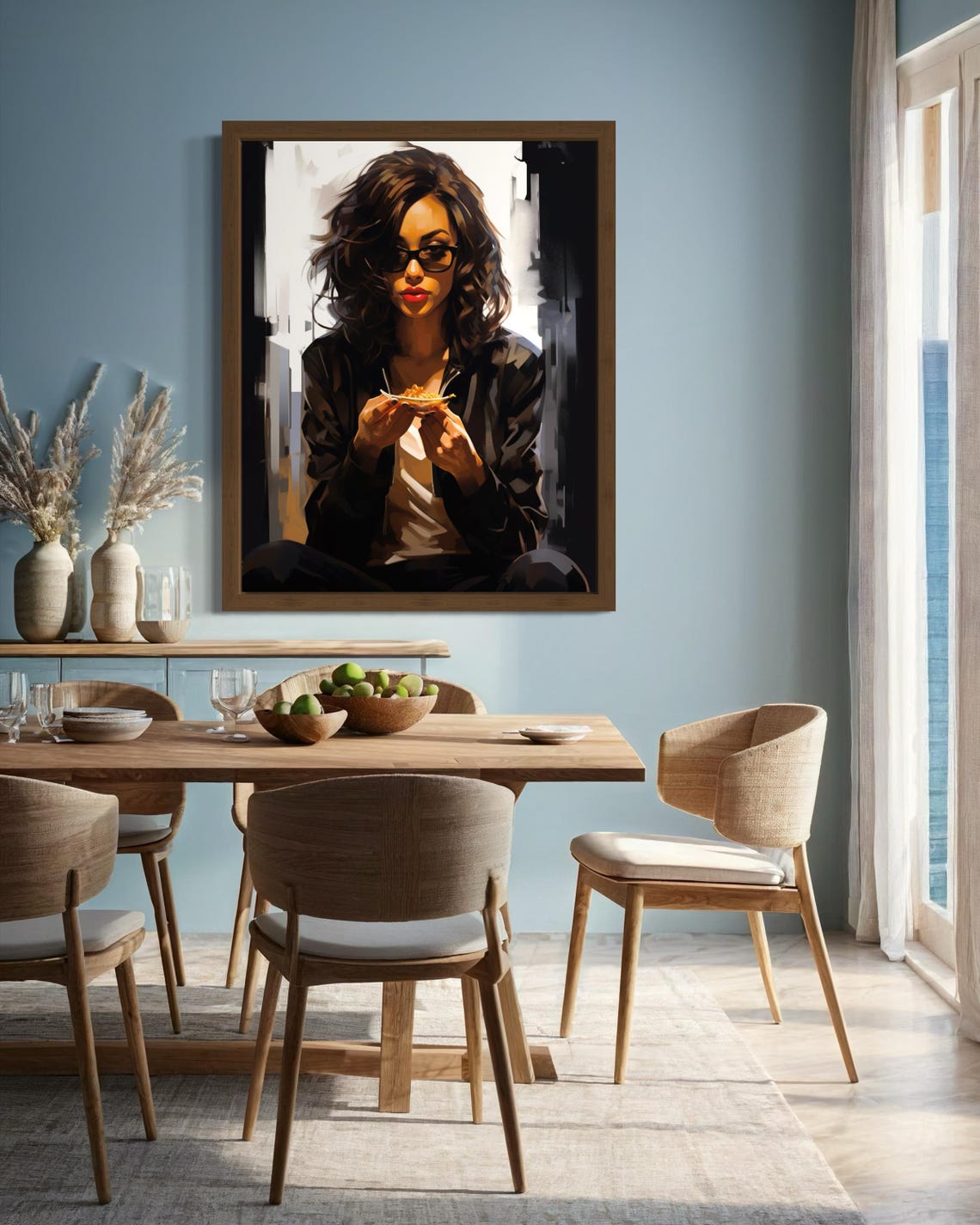 Stylish Woman With Sunglasses Eating Urban Brushstroke Art Poster - Image 2