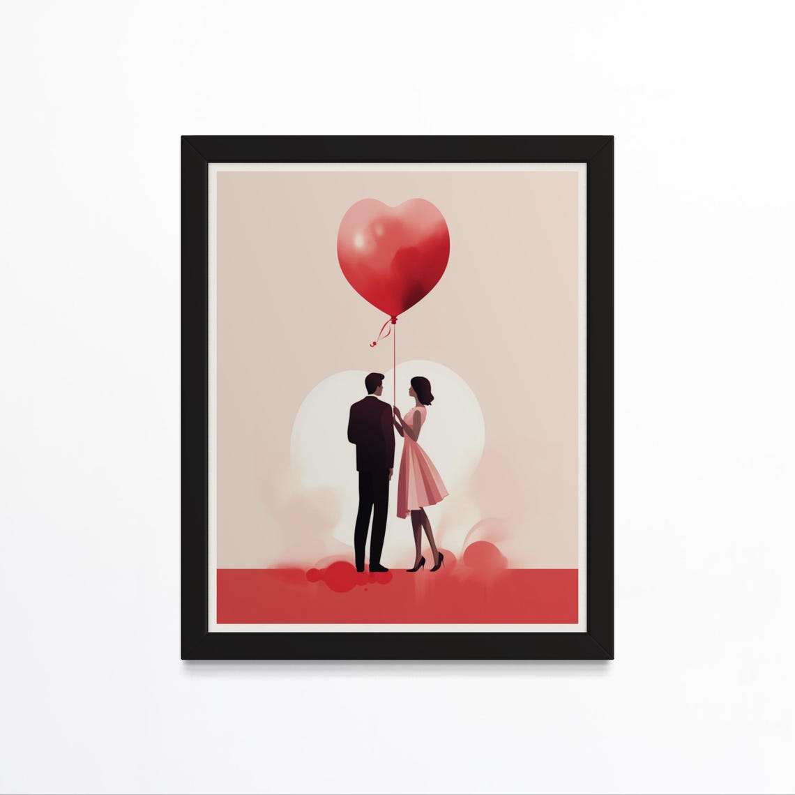 Minimalist Couple Red Heart Balloon Blush Love Scene Poster Home Decor