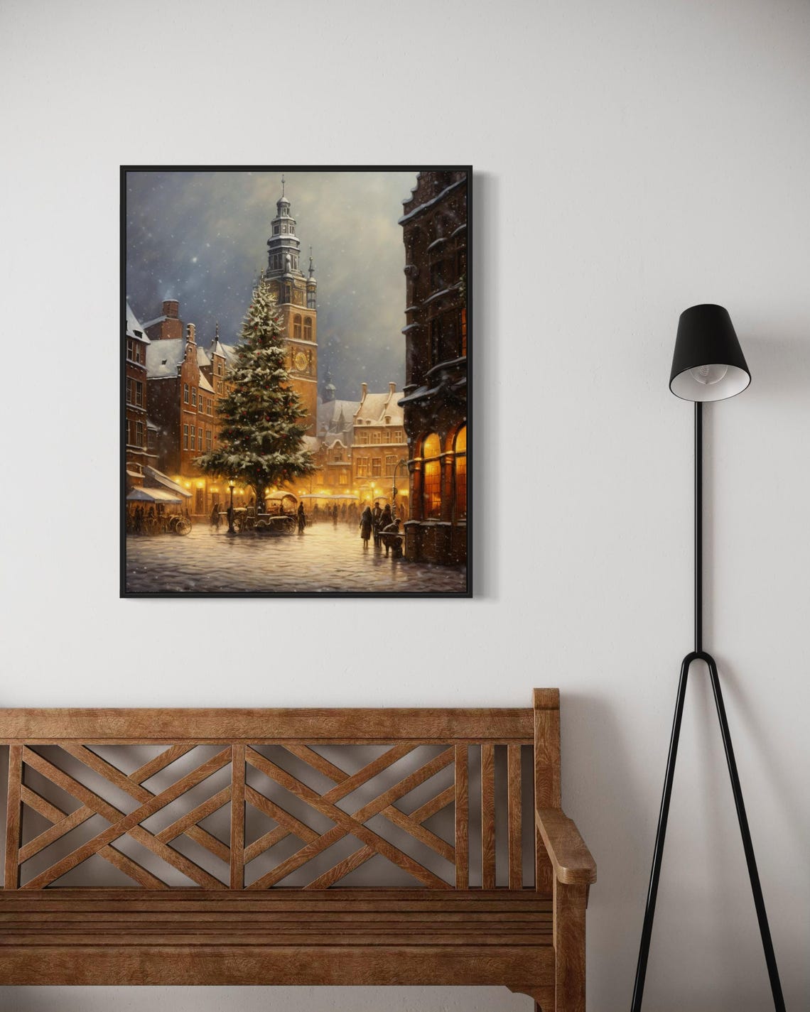 European Christmas Market Square Clock Tower Snowy Town Art Poster - Image 7