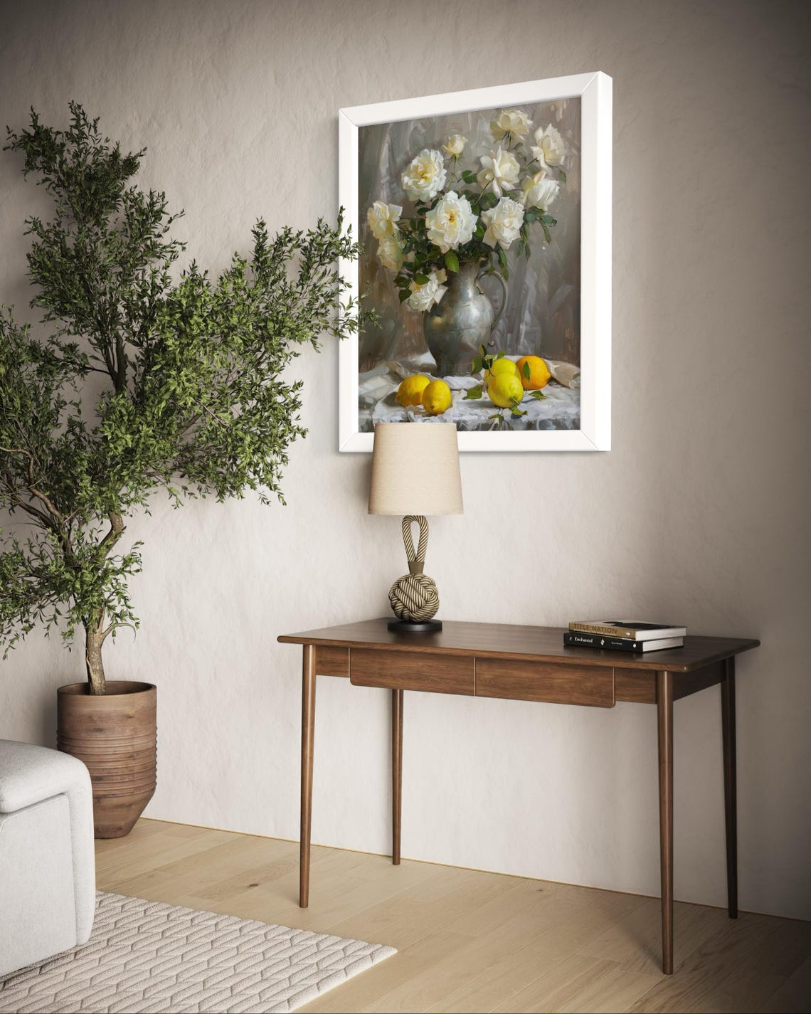 White Roses In Pitcher With Lemons Classic Still Life Art Poster - Image 5
