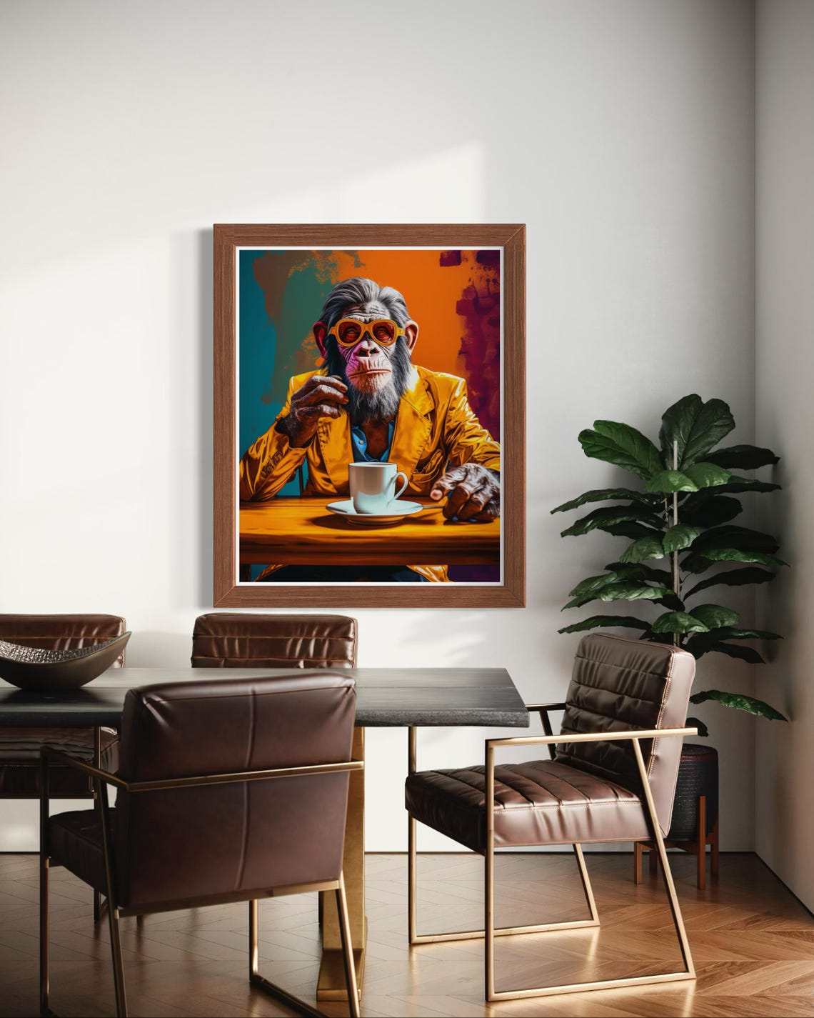 Chimpanzee In Orange Suit And Sunglasses Drinking Coffee Poster