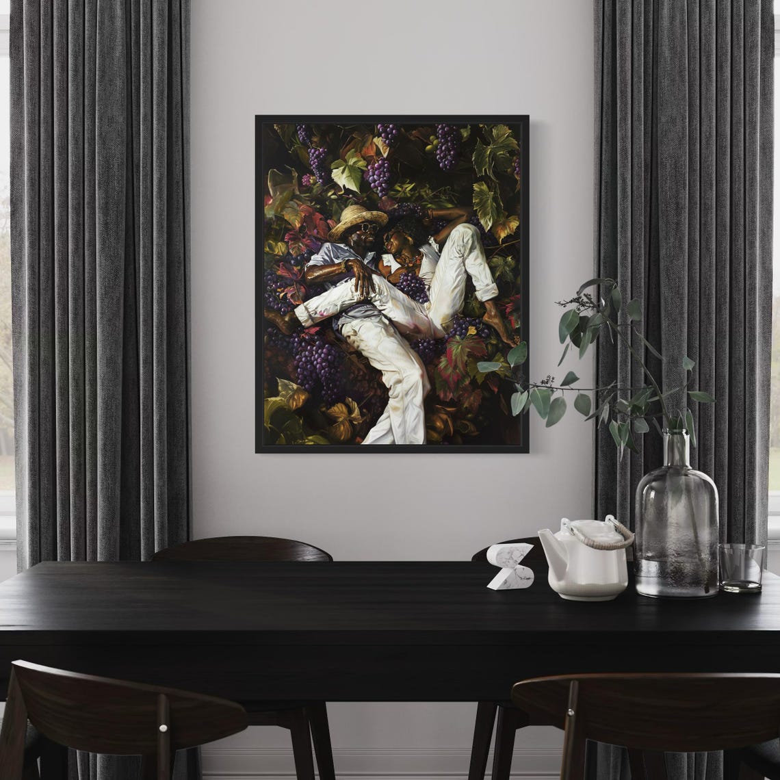 Black Couple Relaxing in Vineyard Among Grapes Romantic Art Poster - Image 3