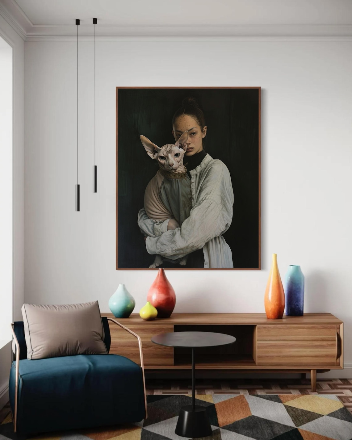 Moody Girl Holding Sphynx Cat Dark Oil Style Fine Art Poster - Image 7