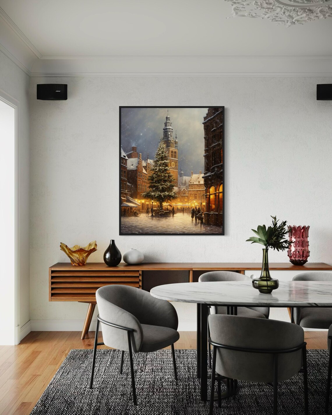 European Christmas Market Square Clock Tower Snowy Town Art Poster - Image 4