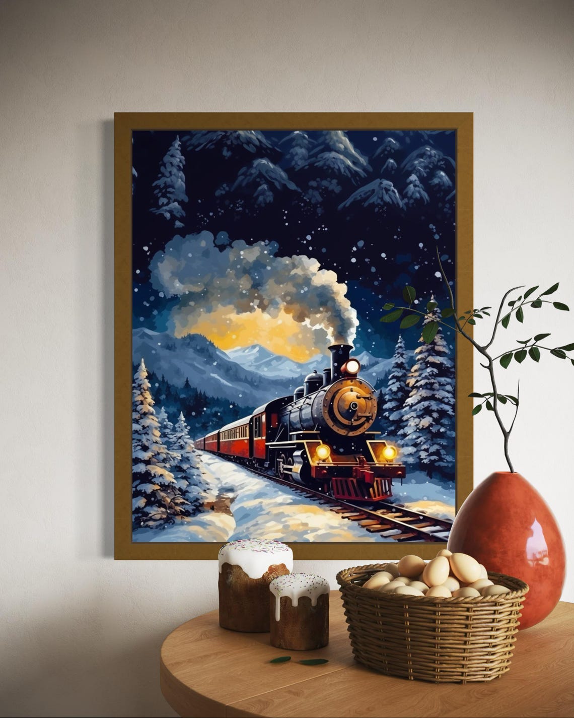 Vintage Christmas Train Snowy Mountain Night Winter Scene Poster