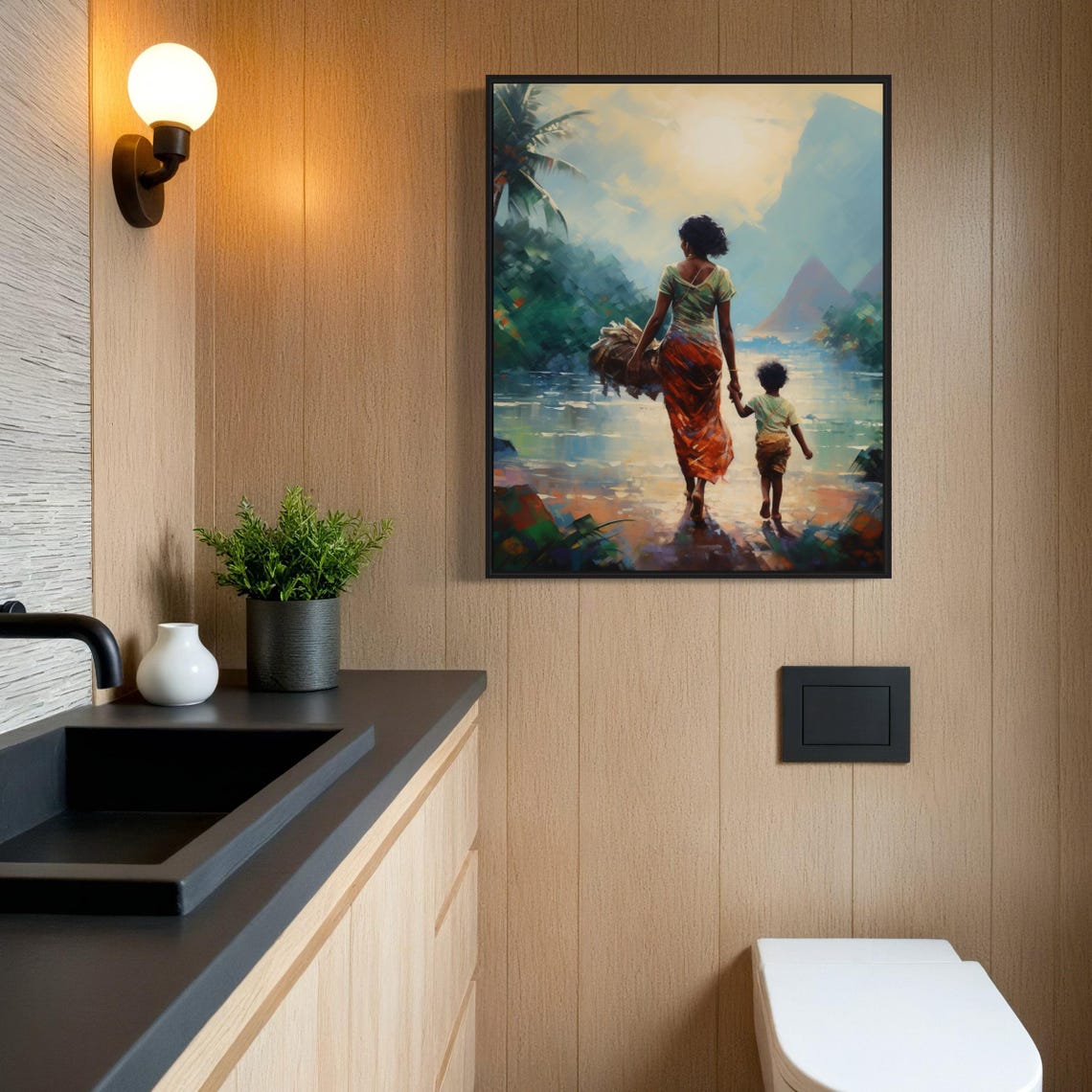 Mother and Child Walking Together Into Misty River Landscape Poster - Image 6