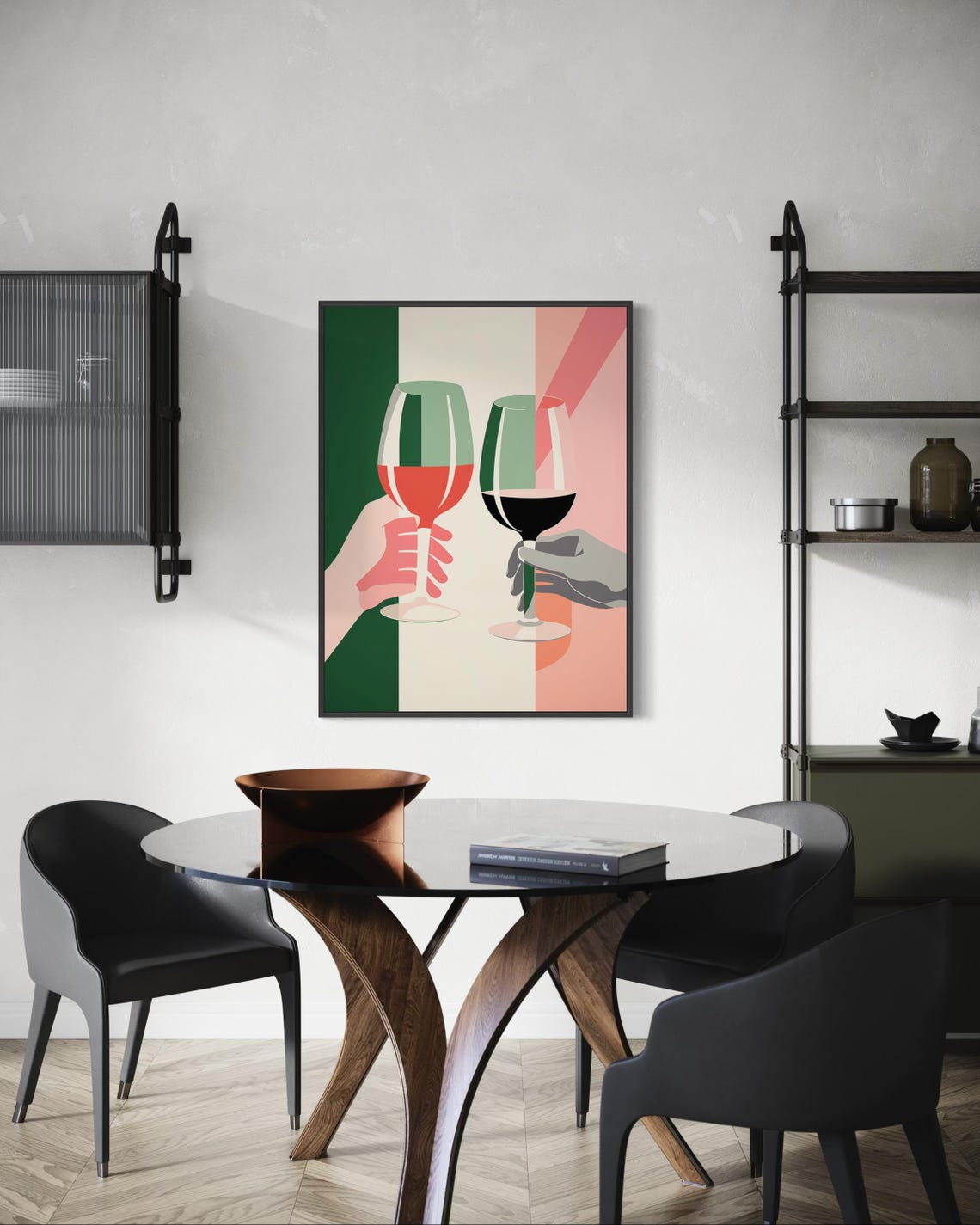 Modern Retro Wine Glass Toast Hands Green Pink Striped Wall Art