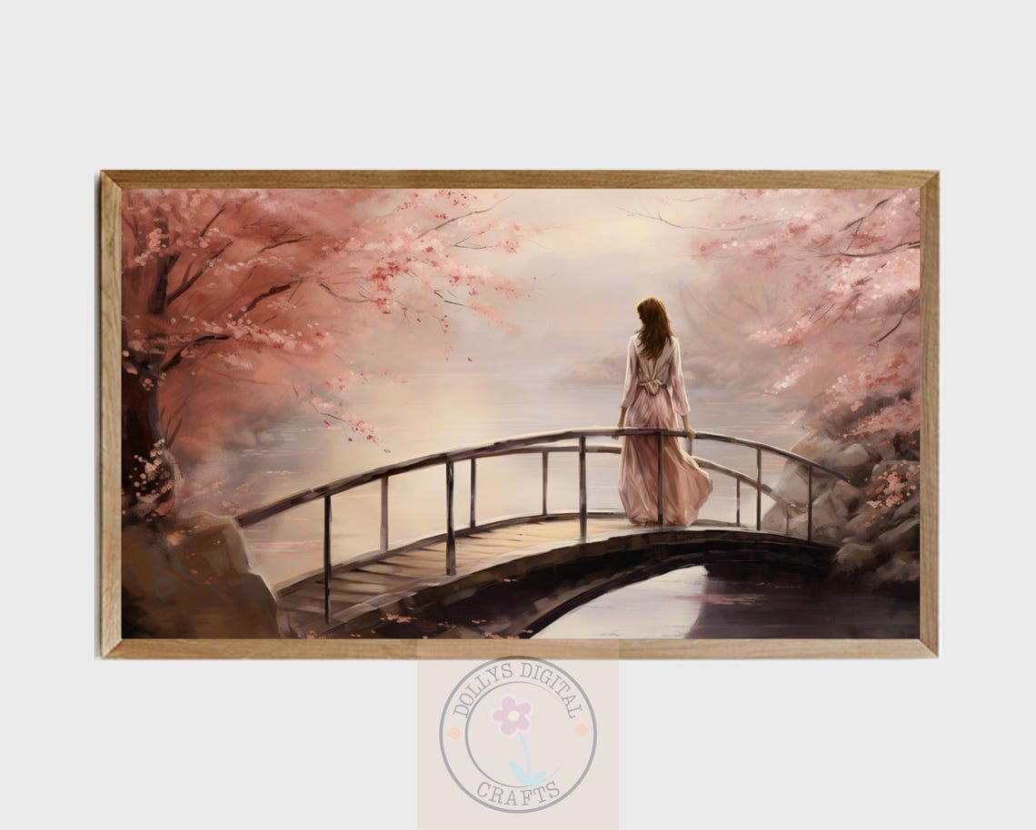 Woman Bridge Cherry Blossom Misty Lake Dreamy Calm Poster Home Decor