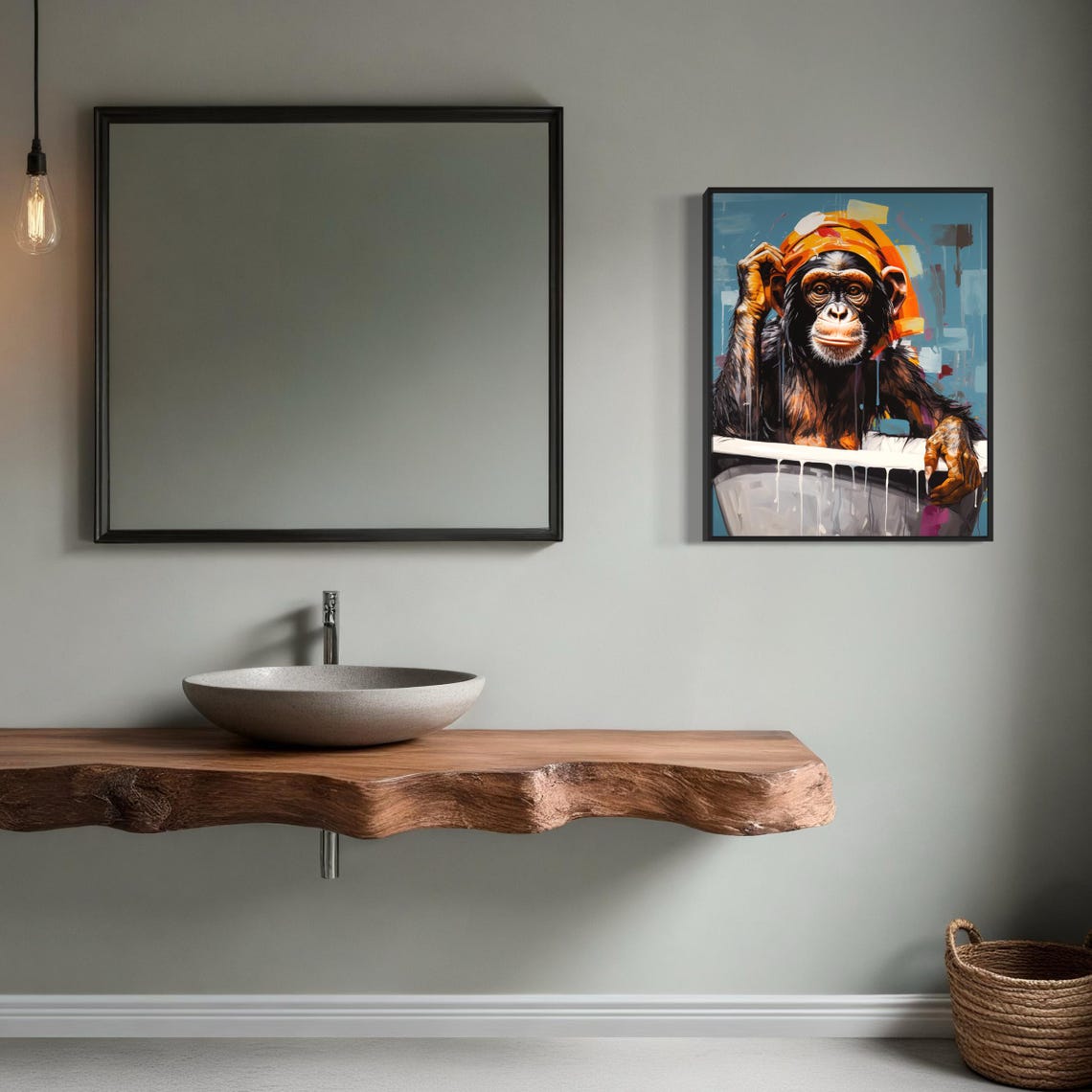 Chimpanzee in Bathtub Wearing Orange Turban Playful Art Poster - Image 5