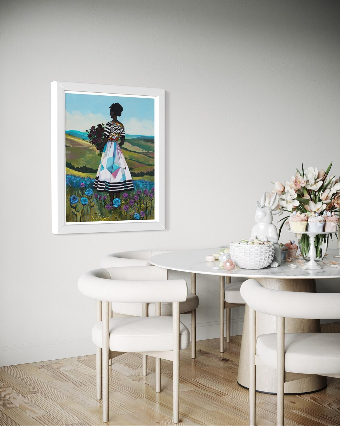 African Woman With Floral Bouquet Art Afrocentric Nature Wall Art Vibrant Black Girl Painting Modern African Landscape Print - Image 2