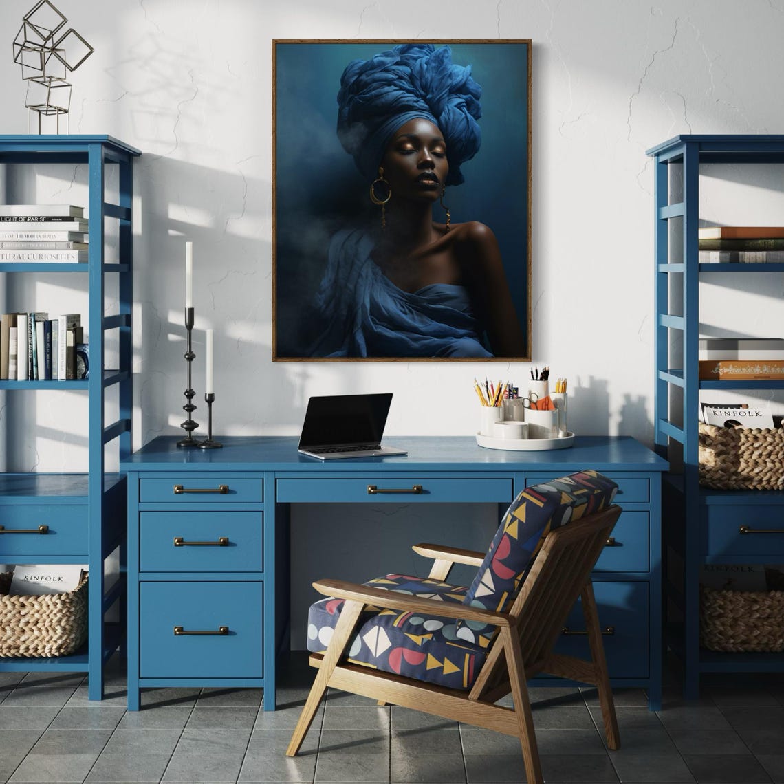 Serene Black Woman in Blue Headwrap With Gold Hoop Earrings Poster - Image 2