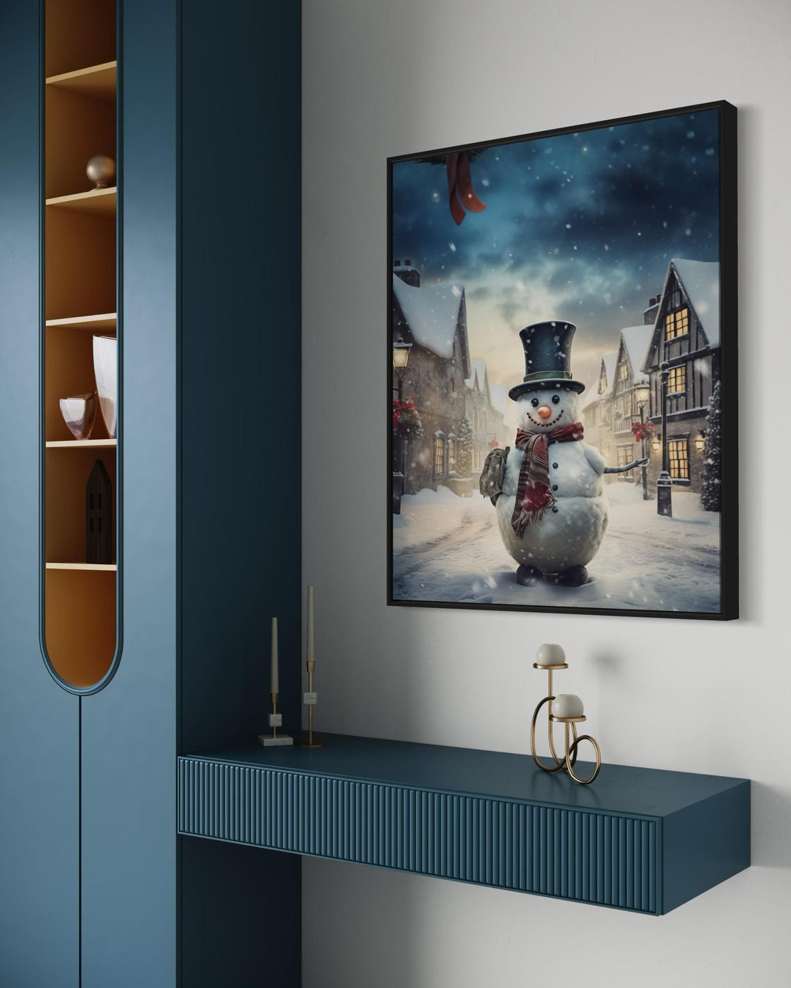 Cute Snowman Top Hat Scarf Snowy Village Street Christmas Art Print - Image 2