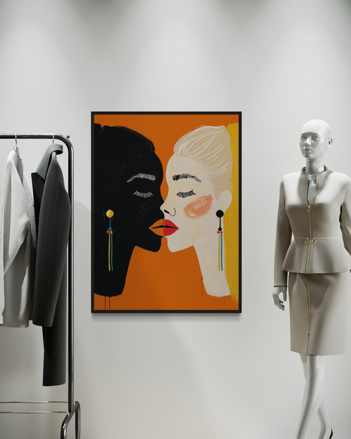 Two Women Faces Bold Modern Illustration Orange Background Wall Art - Image 6