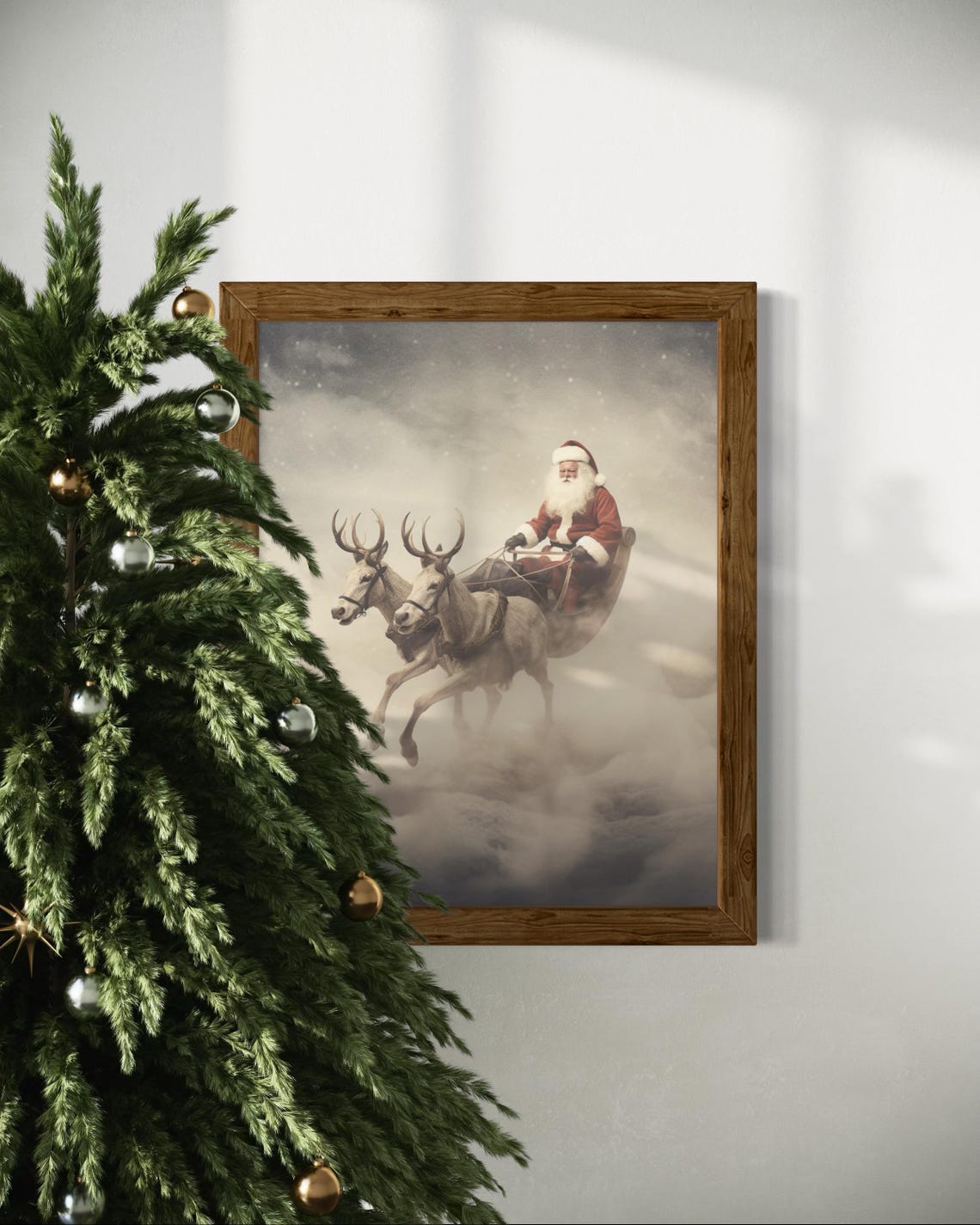 Santa Claus Flying Sleigh With Reindeer Dreamy Winter Sky Poster