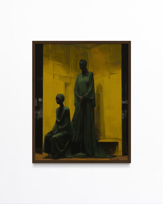 Modern African Art Print Black Woman Artwork Black Women In Green Dresses Minimalist Yellow Wall Decor Artwork