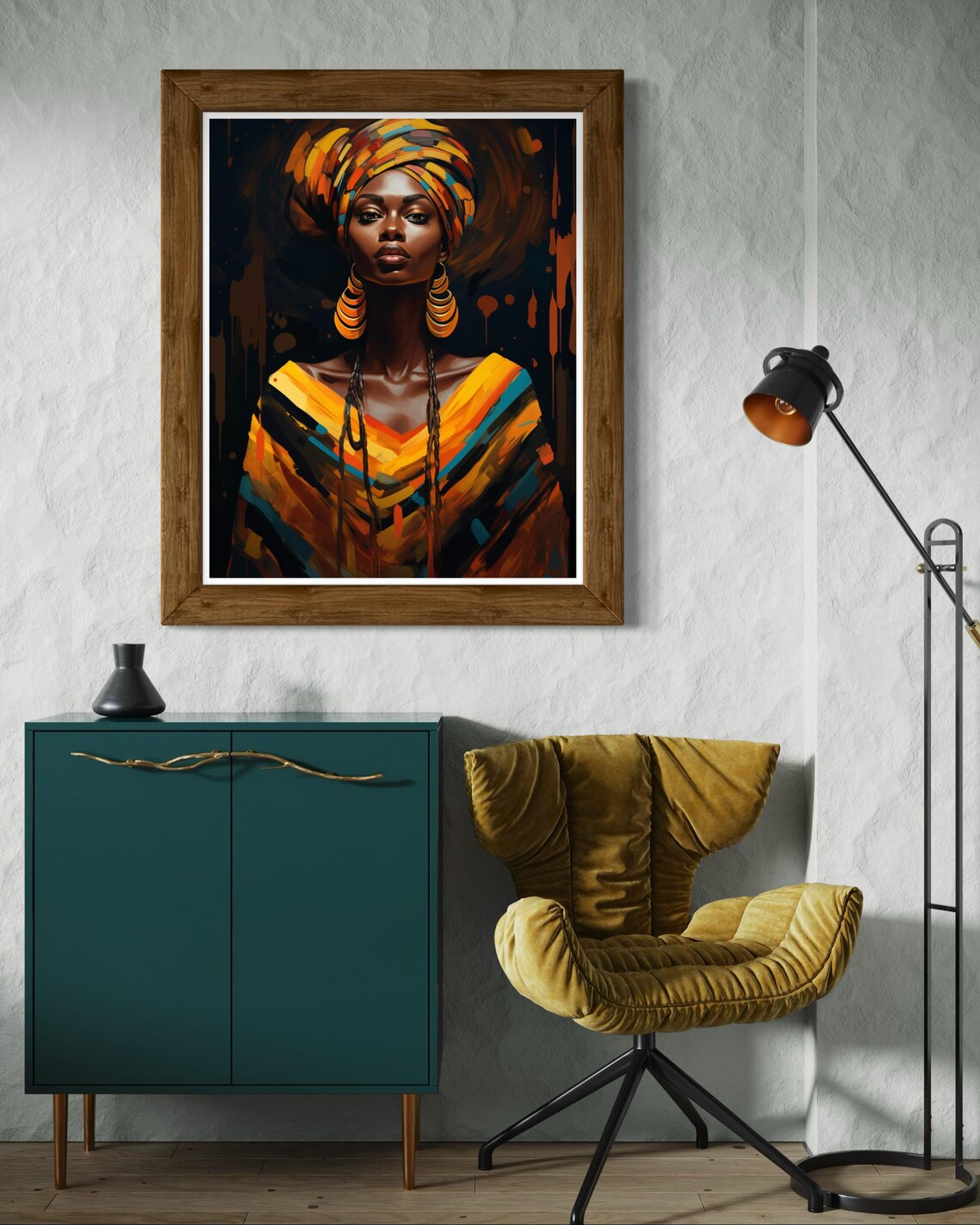 African Woman Orange Headwrap Gold Hoop Earrings Portrait Poster - Image 5