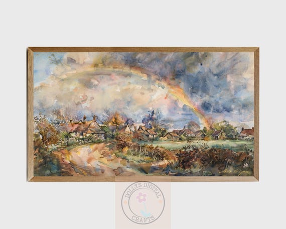 Rustic Village Art Cottage Landscape Art Rainbow Countryside Scene Rustic Tv Frame Art Watercolor Print