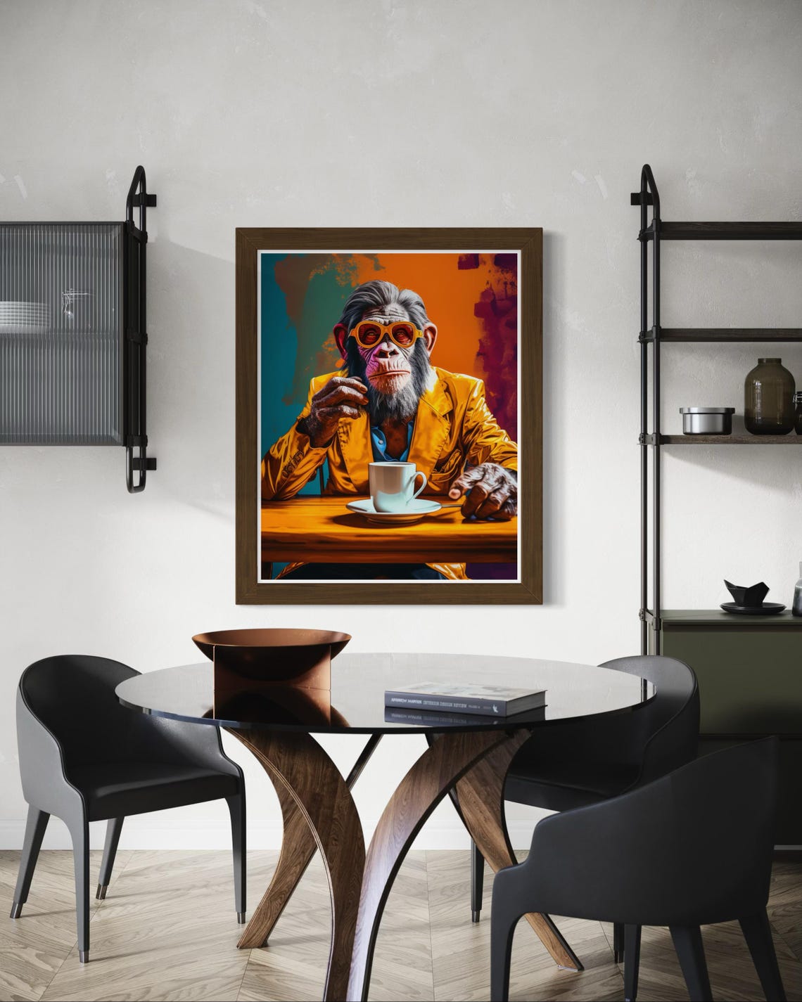 Chimpanzee In Orange Suit And Sunglasses Drinking Coffee Poster - Image 3