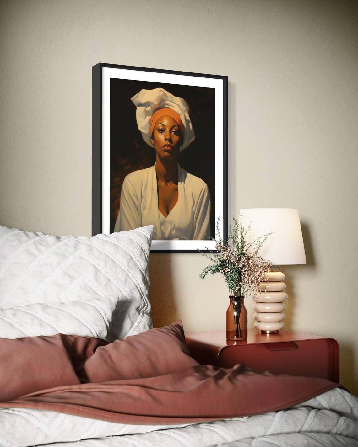 Elegant Black Woman White Headwrap Classic Portrait Afrocentric Print - Image 3