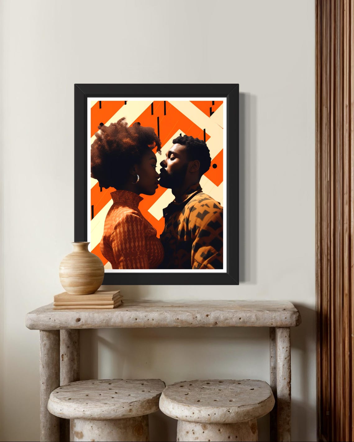 Black Couple Kiss Moment Orange Geometric Modern Romance Poster