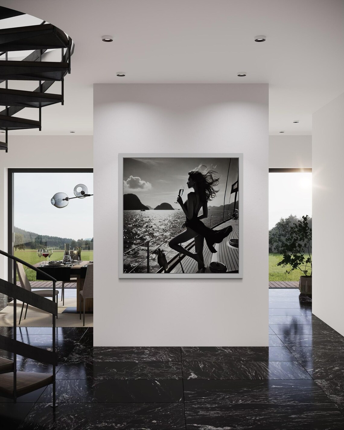 Black and White Yacht Deck Woman Champagne Glass Sailing Poster - Image 7