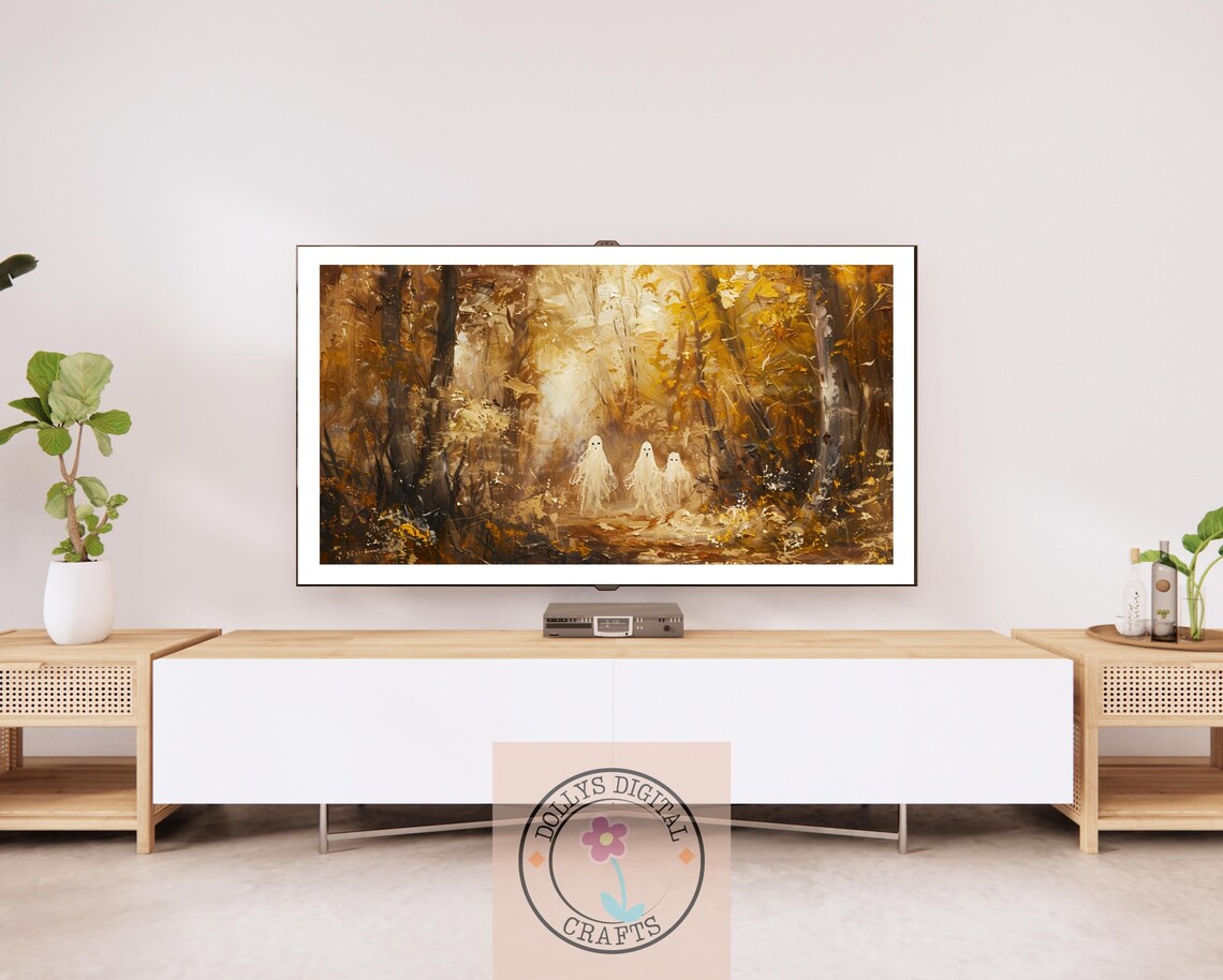 Spooky Cute Ghosts Autumn Forest Oil Painting Halloween Woods Art Print - Image 2
