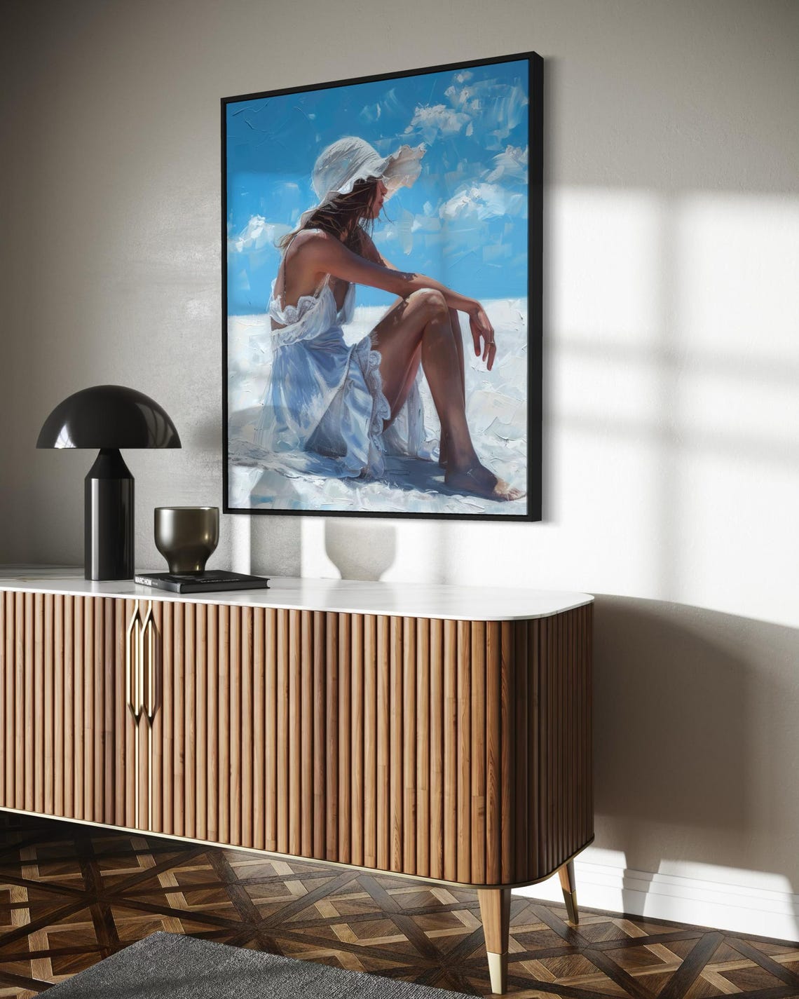 Elegant Woman Beach White Dress Sun Hat Summer Ocean Art Poster - Image 2