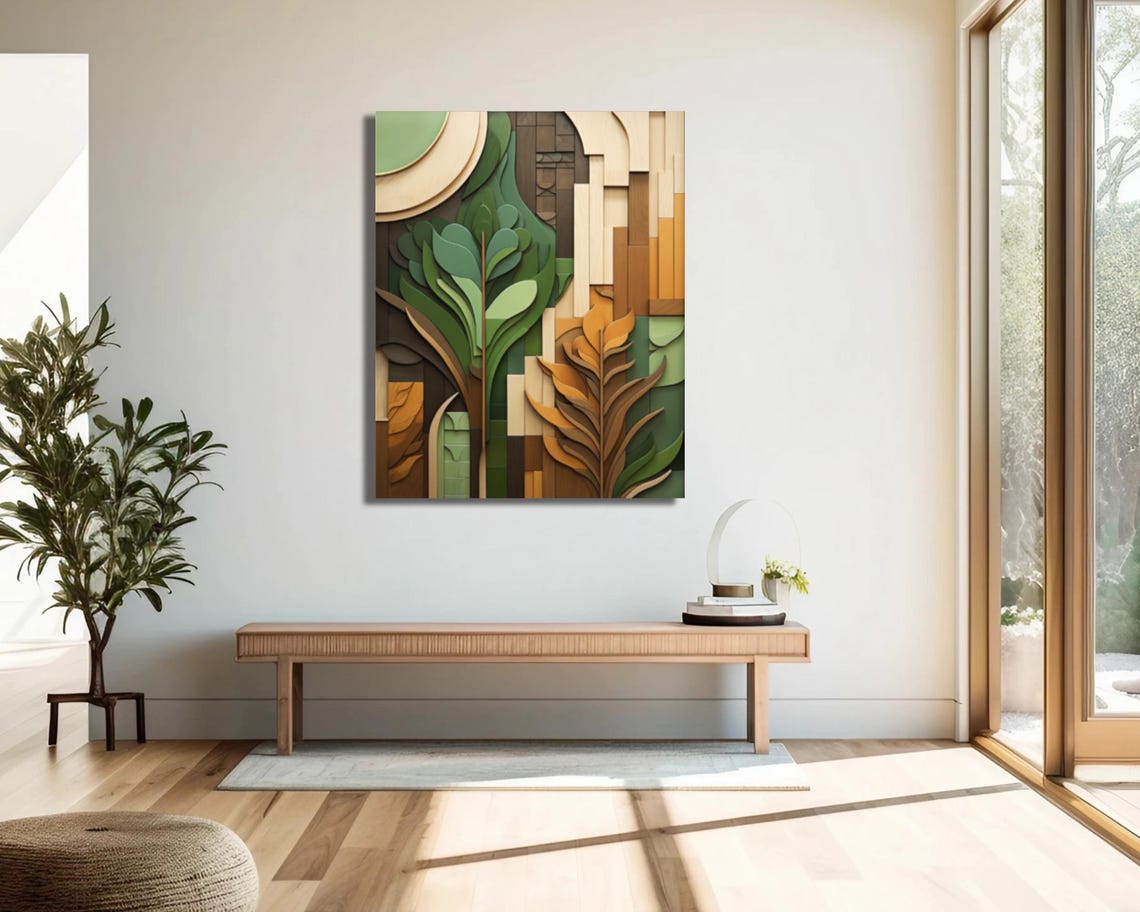 Boho Carved Wood Green Leaves Organic Abstract Nature Poster - Image 2