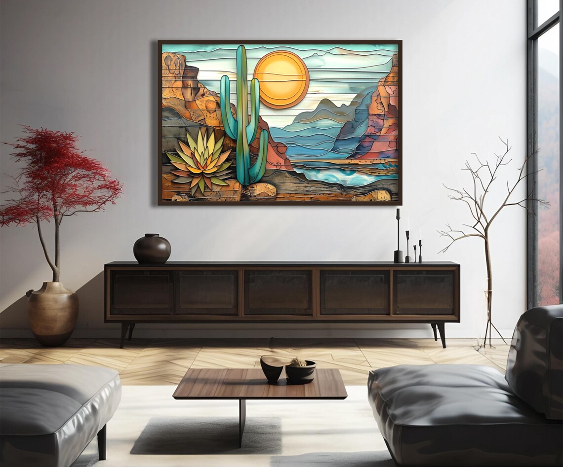 Southwest Desert Saguaro Cactus Sunset Mosaic Glass Landscape Poster - Image 2