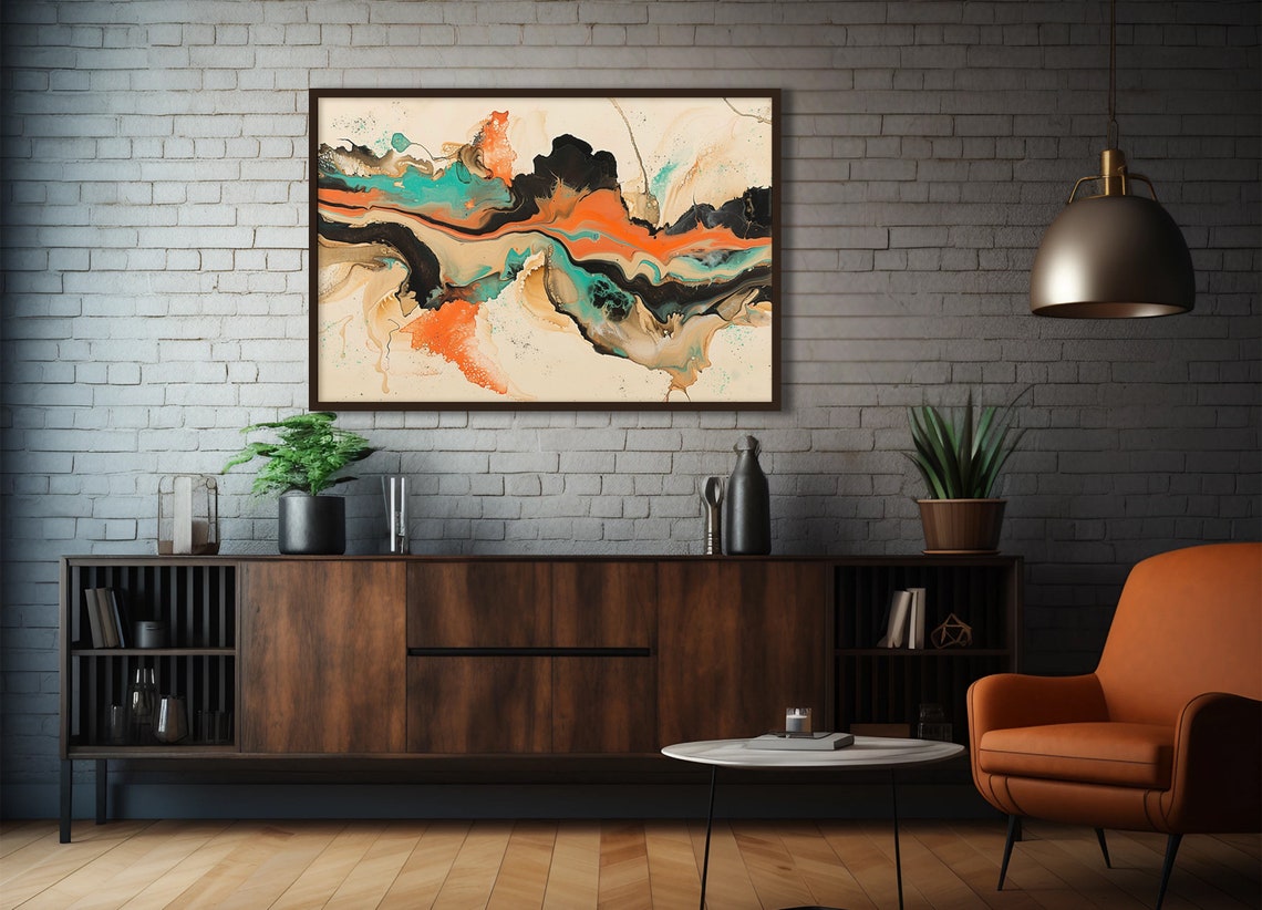 Abstract Wall Art Bold Orange Black Teal And Beige Print Mancave Decor Home Decor Modern Art Focal Point Unframed Art Print For Office - Image 2