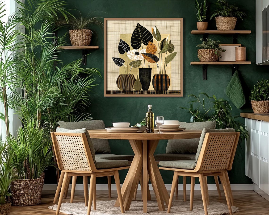 Mid Century Modern Botanical Black Vases Stylized Leaves Art Poster - Image 4