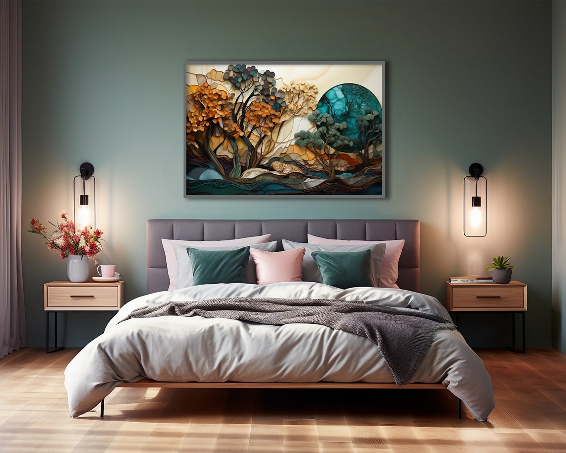 Surreal Landscape Abstract Wall Art Nature Inspired Print Bold Colors Of Teal And Orange Home Decor Modern Wall Art Bedroom Art Unique - Image 2