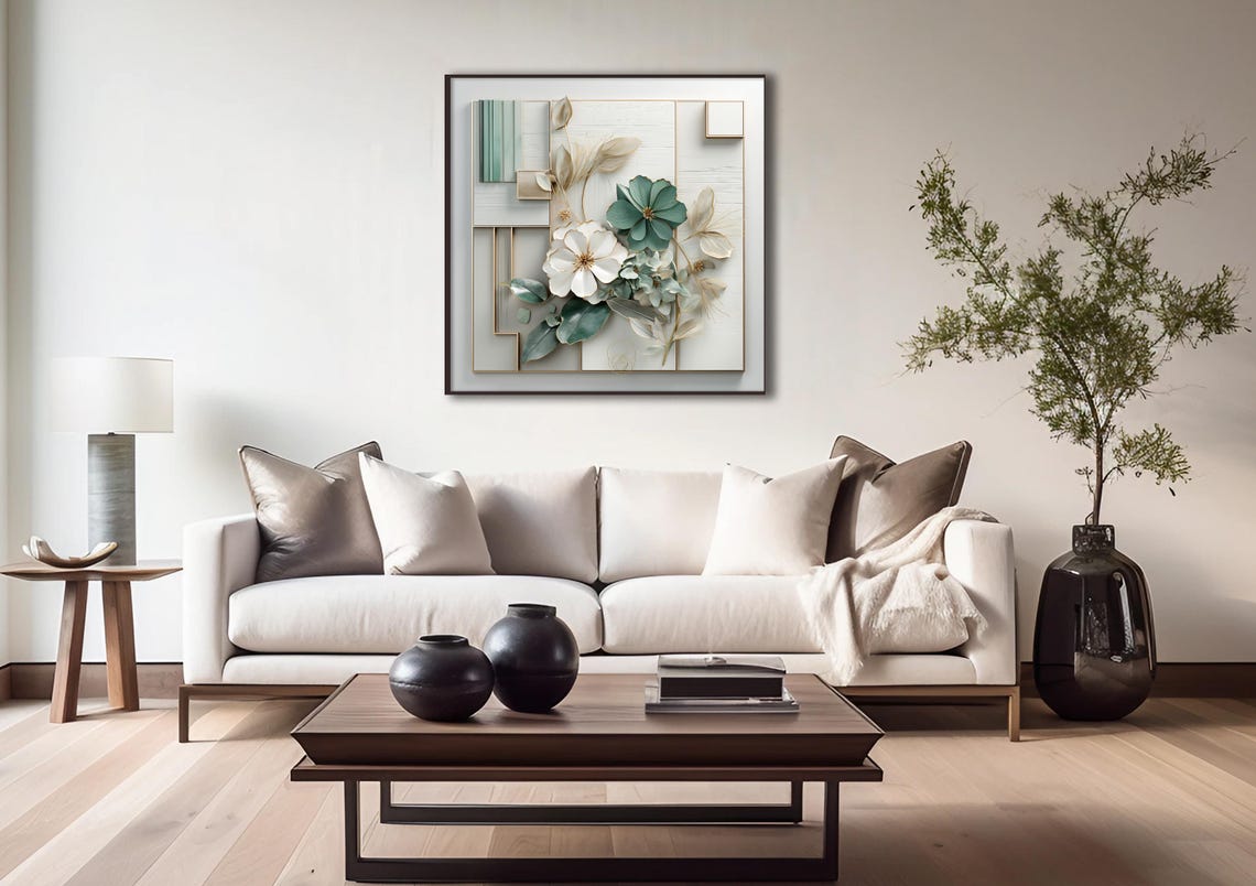 Elegant White Teal 3D Flowers Gold Geometric Minimalist Floral Poster - Image 3