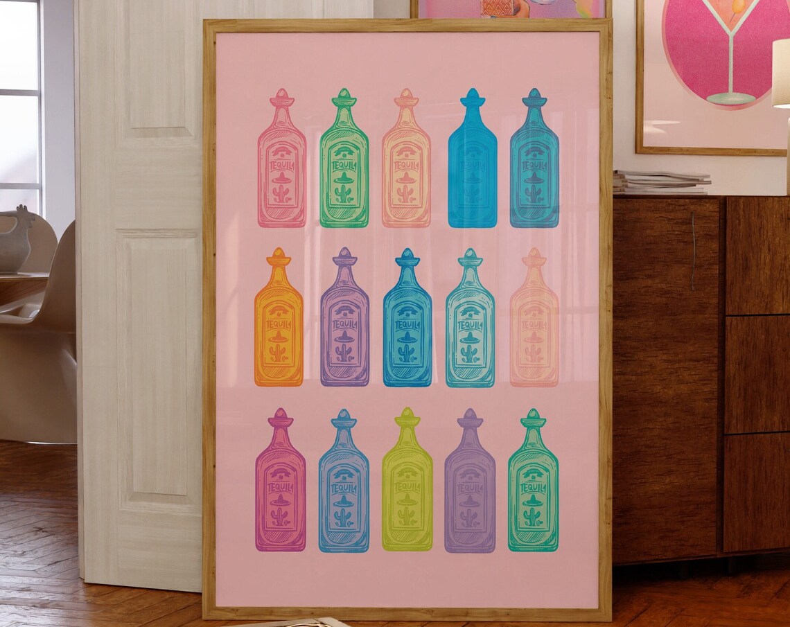 Colorful Tequila Bottles Rainbow Grid Bar Cart Wall Art Decor