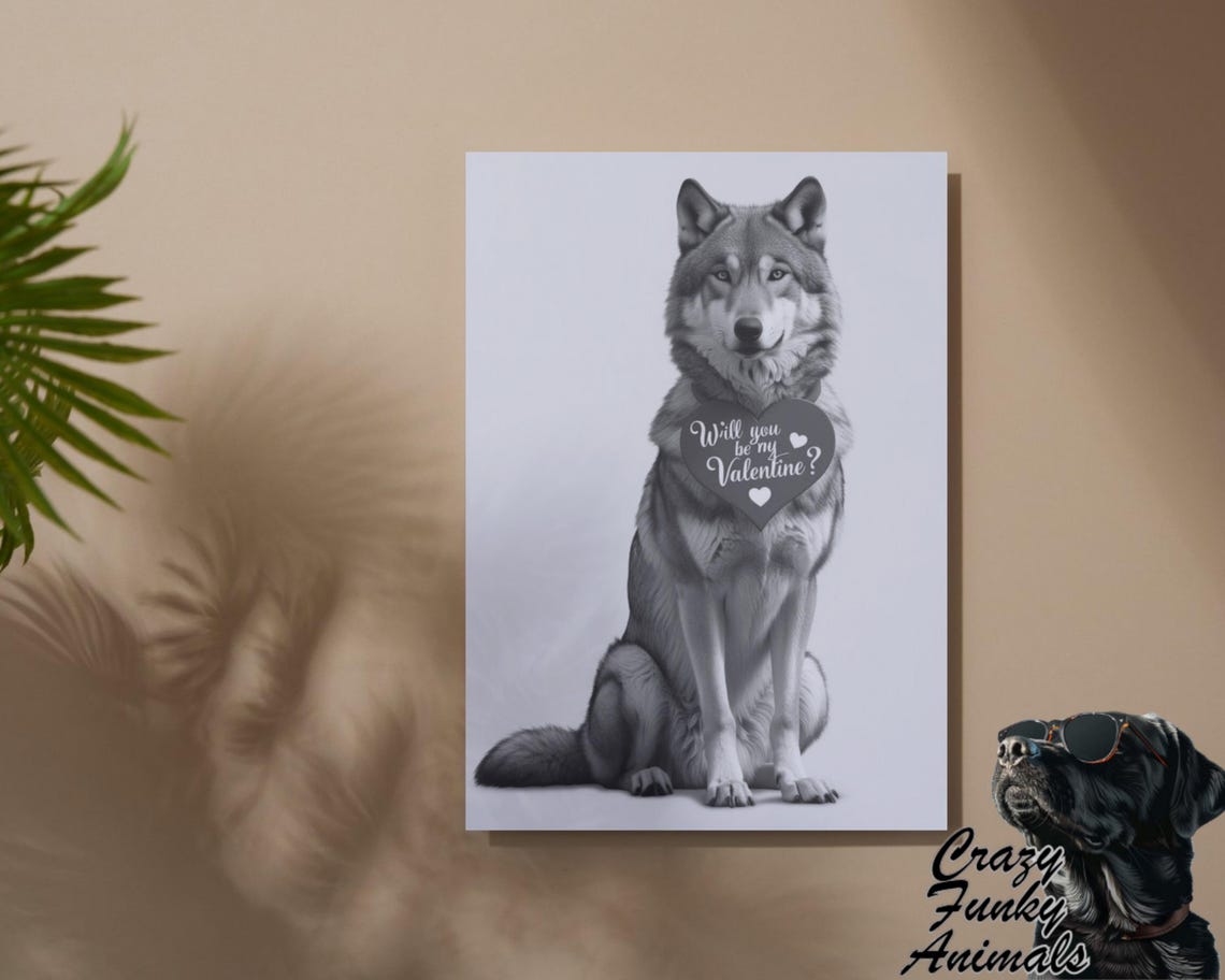 Wolf Holding Will You Be My Valentine Heart Sign Funny Poster - Image 2