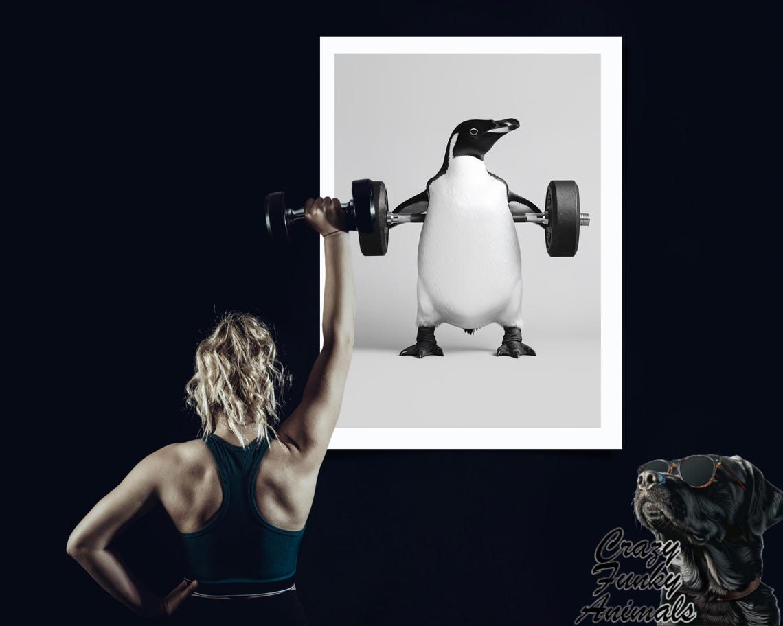 Funny Penguin Holding a Barbell Gym Workout Humorous Animal Poster - Image 3