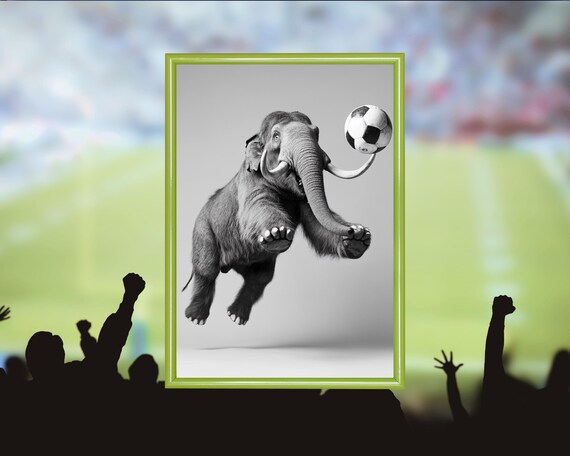 Young Elephant Juggling a Soccer Ball on Its Tusk Funny Sports Poster