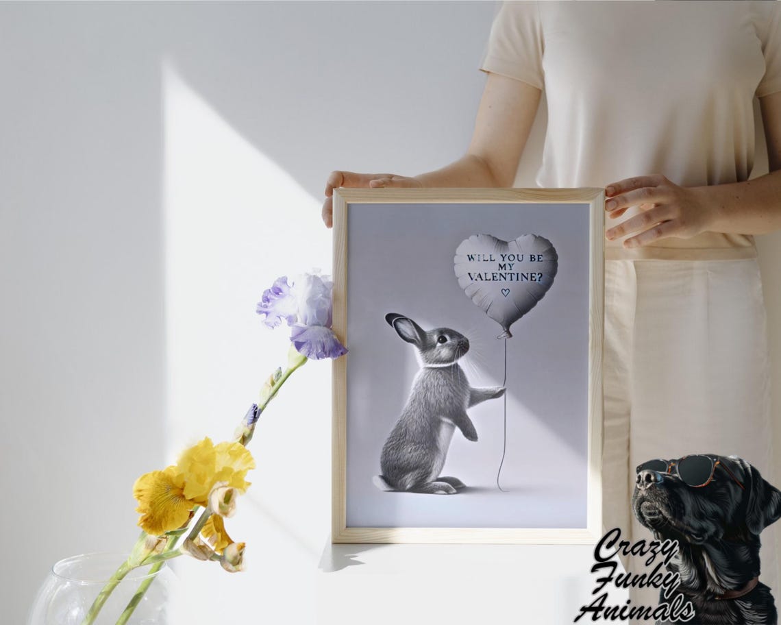 Bunny Holding Will You Be My Valentine Heart Balloon Funny Poster - Image 3