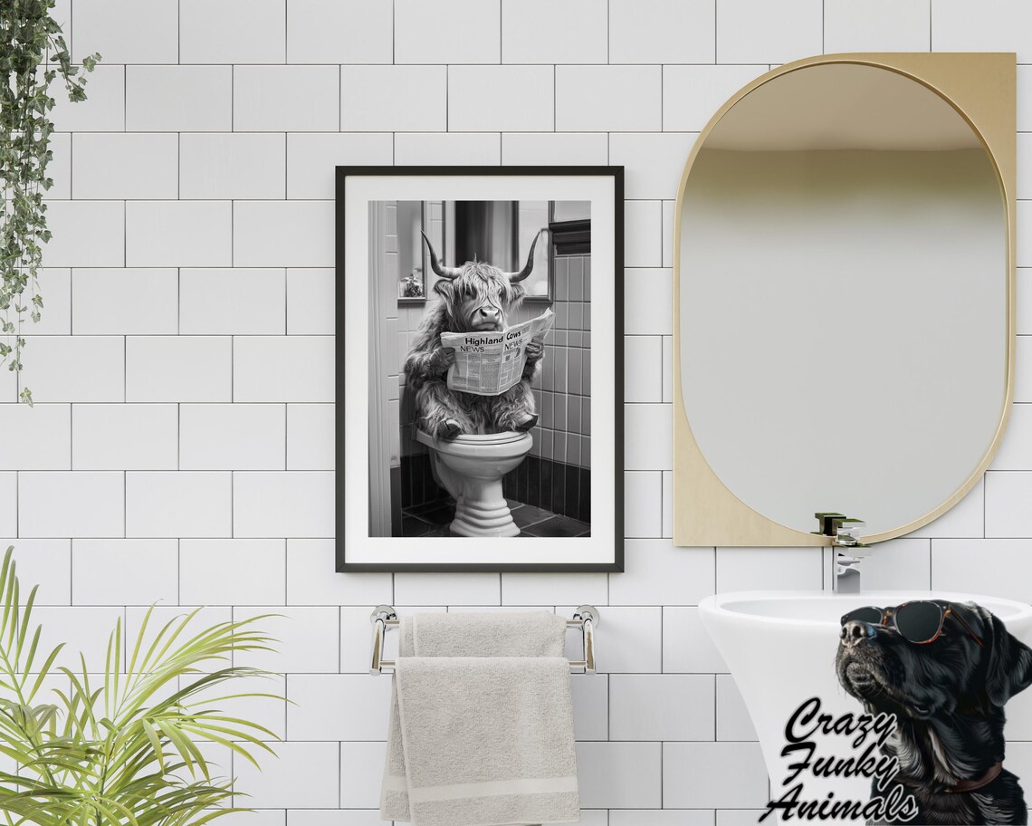 Highland Cow Reading a Newspaper on the Toilet Funny Bathroom Poster - Image 2