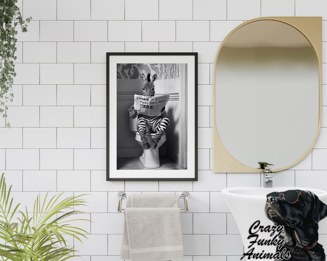 Zebra Reading a Newspaper on the Toilet Funny Bathroom Poster - Image 2