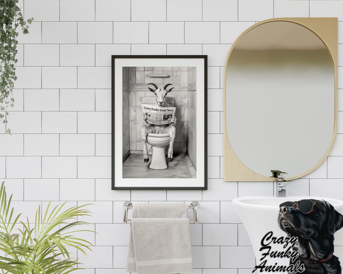 Goat Reading a Newspaper on the Toilet Funny Bathroom Poster - Image 2