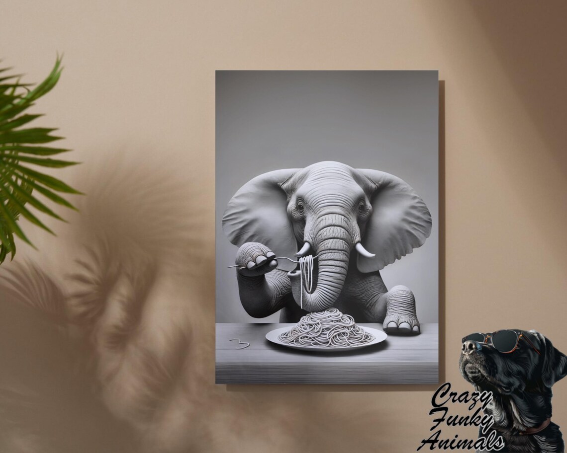 Funny Elephant With Spaghetti, Humorous Kitchen Art Print - Image 2