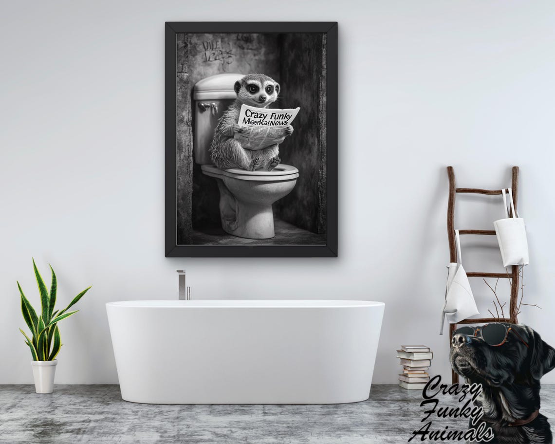 Meerkat Reading a Newspaper on the Toilet Funny Bathroom Poster - Image 3