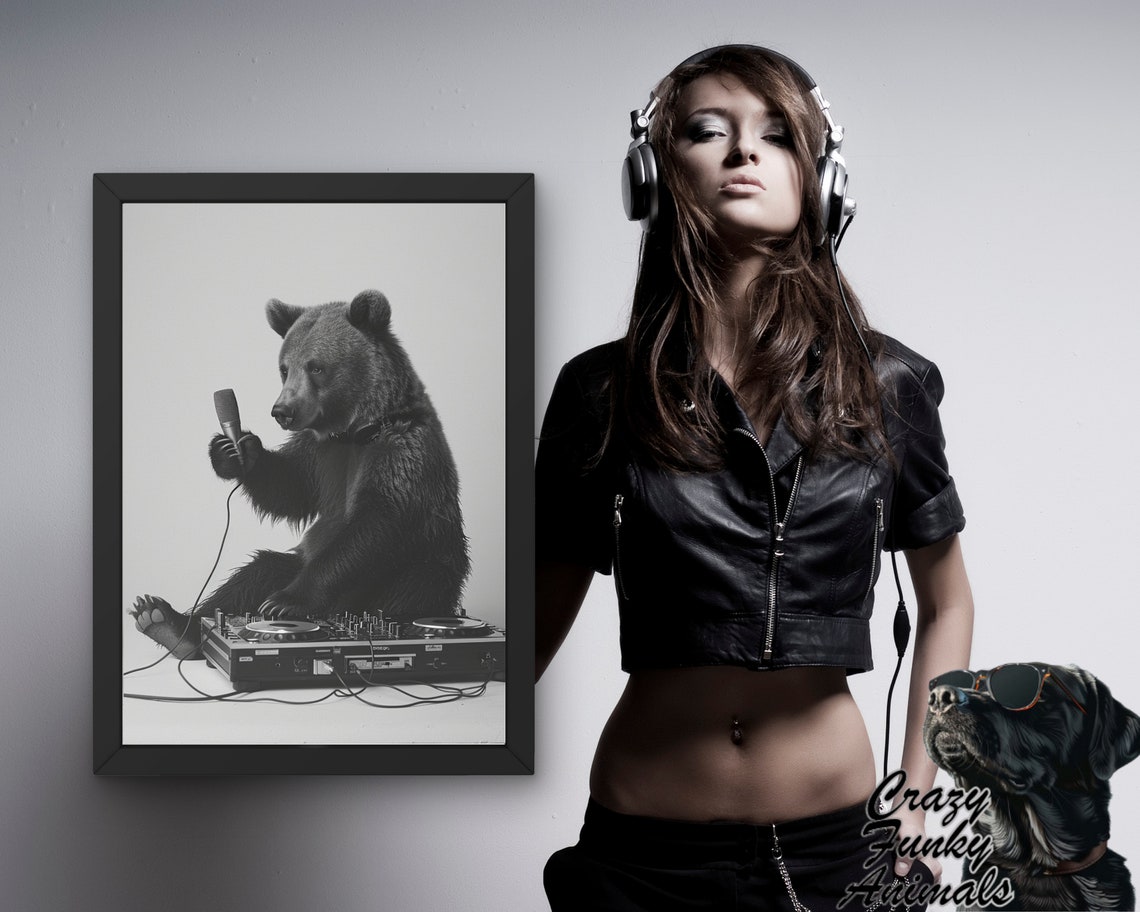 Bear DJ With a Microphone at the Turntable Funny Music Poster - Image 3