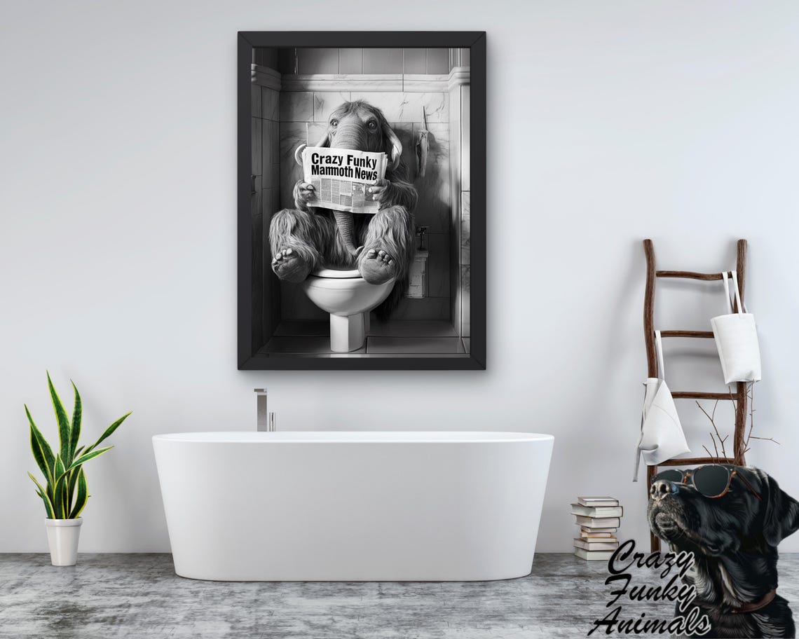 Woolly Mammoth Reading a Newspaper on the Toilet Funny Poster - Image 3