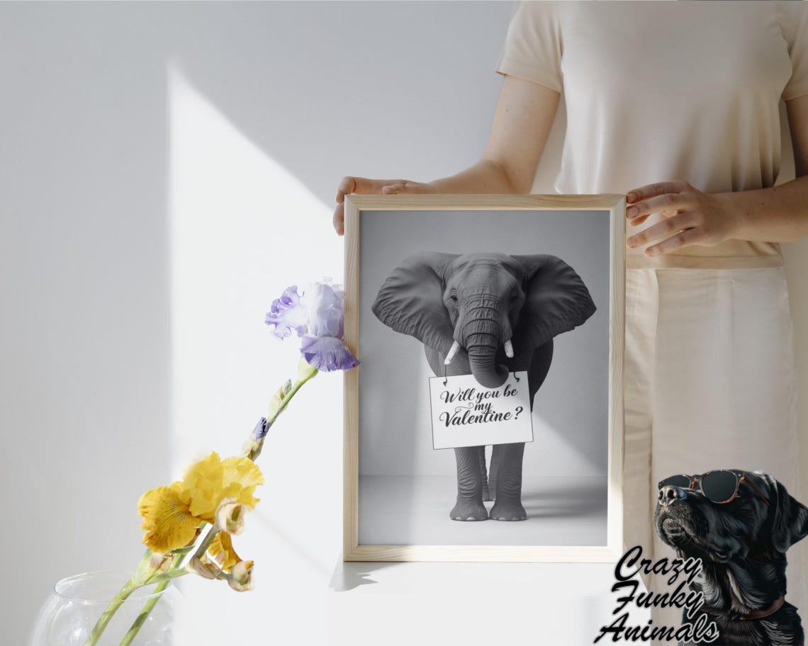 Elephant Holding Will You Be My Valentine Sign Black and White Poster - Image 3