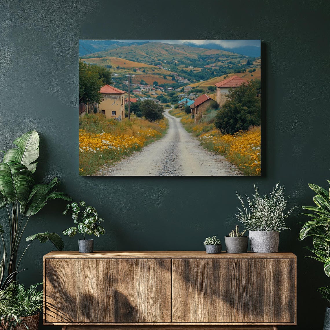 Country Dirt Road Village Rolling Hills Yellow Wildflower Poster
