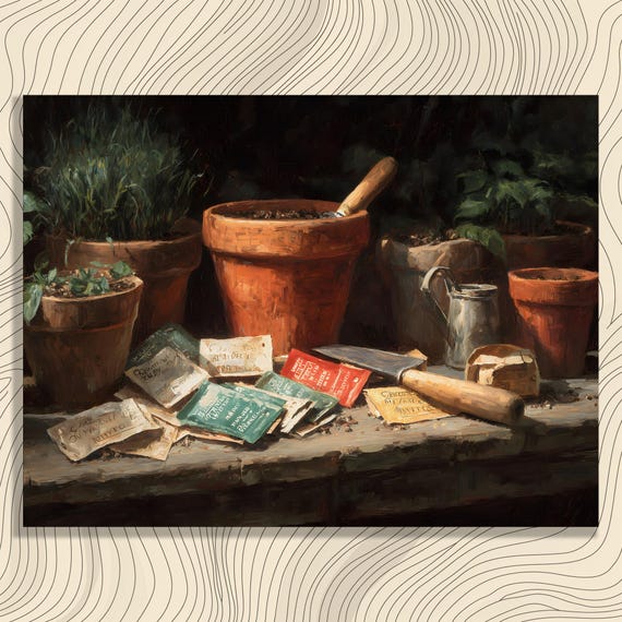 Traditional Garden Tools Canvas Wall Art Rustic Farmhouse Decor With Terracotta Pots Watering Can Seed Packets Trowel Realism