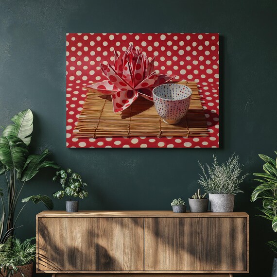 Red Polka Dot Origami Flower Teacup Still Life Playful Kitchen Poster