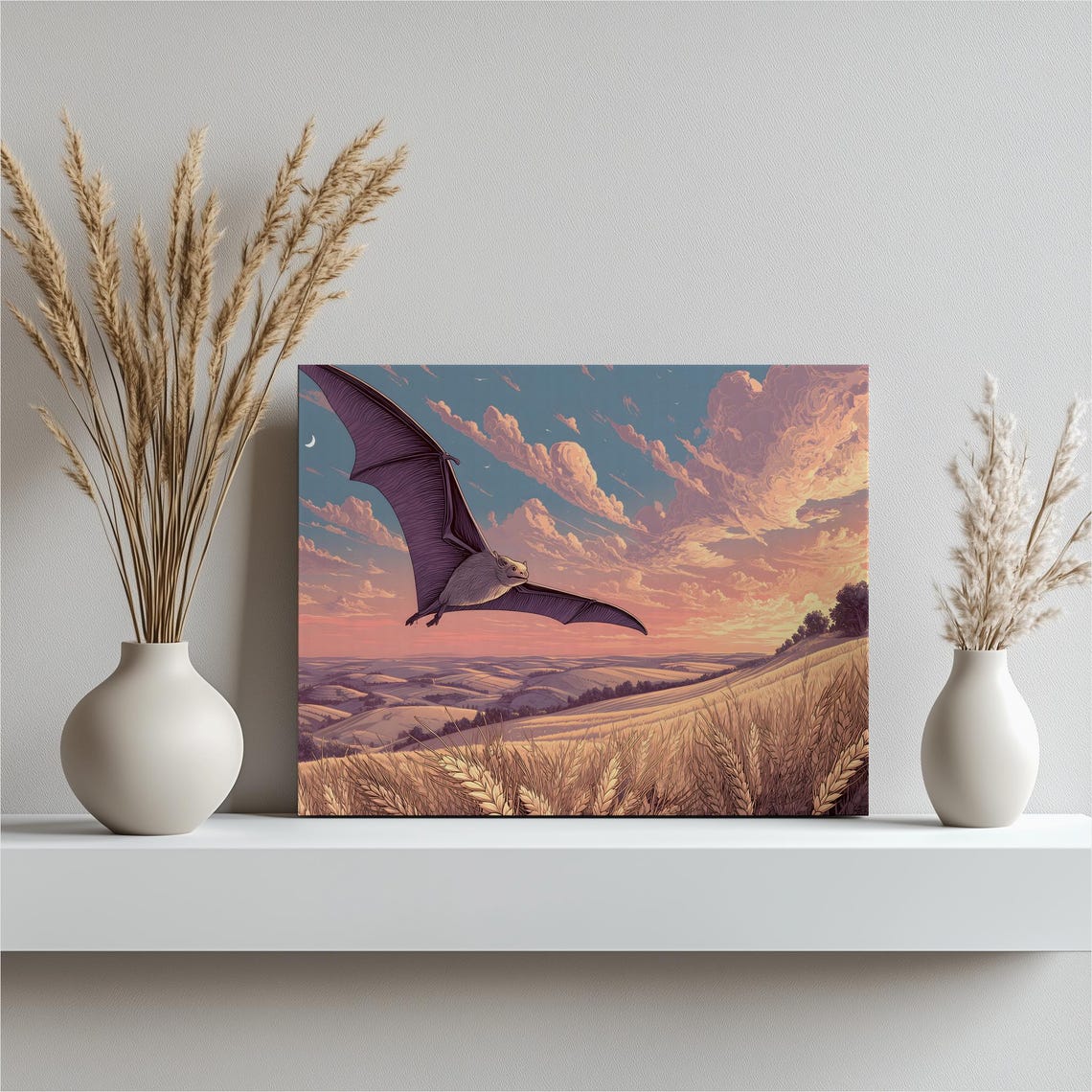 Bat Sunset Landscape Canvas Wall Art Colorful Wildlife Scene Above Golden Wheat Fields Soft Hills Dusk Sky Rosy Clouds Lunar Crescent